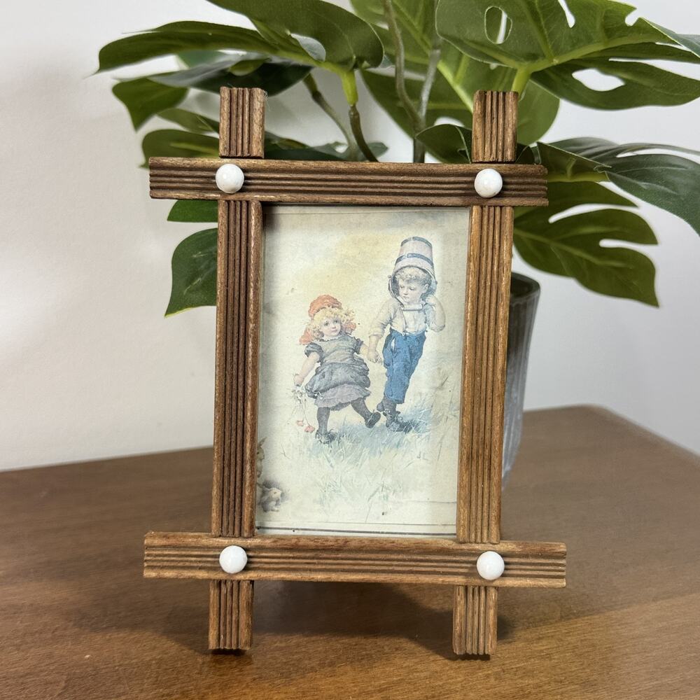 Vintage Rustic Wood Picture Frame White Pegs Adirondack 4.75 x 6.25